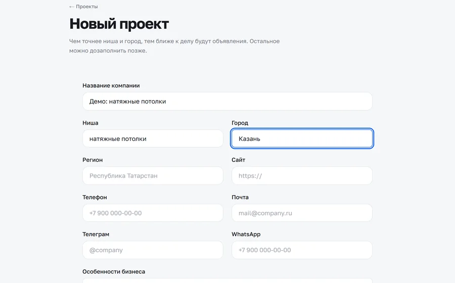Форма создания проекта: название, ниша, город